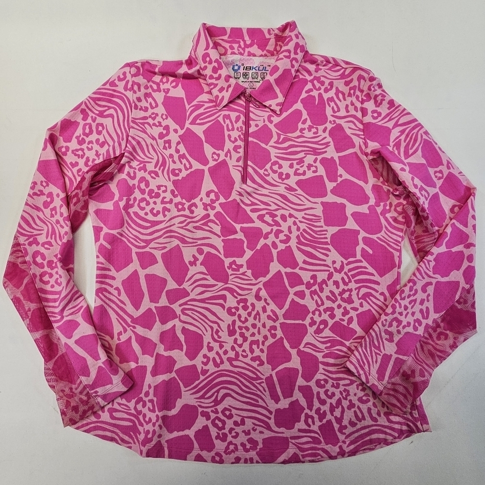 IBKUL Bianca Pink Long Sleeve Mock Neck Zipper Shirt Large 50 SPF Retail $95